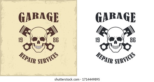 Set of color illustrations skull mechanic, crossed piston and text on a background with box texture. Vector illustration advertise mechanic repair service. Auto repair shop logo in vintage style.