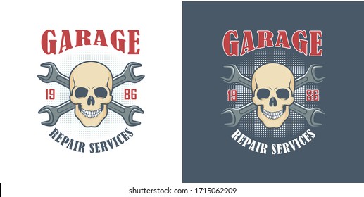Set of color illustrations skull mechanic, crossed wrenches and text on a colored background .Vector illustration advertises mechanic repair services. Auto repair shop logo.