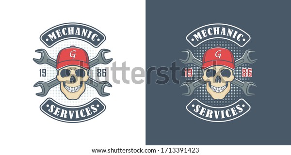 Set of color illustrations skull mechanic in a\
cap, crossed wrenches and text on a colored background .Vector\
illustration advertises a car and motorcycle repair workshop.\
Mechanic services.