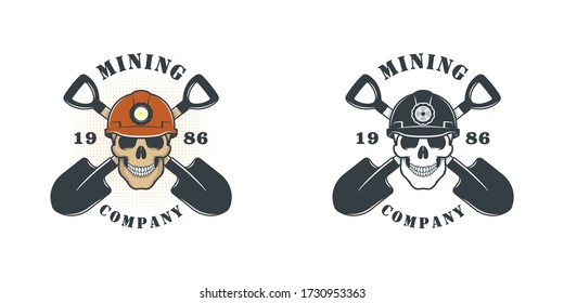 Set of color illustrations skull miner in a helmet and crossed shovels on a white background. Vector illustration on the theme of gold and coal mining. Mining company logo.