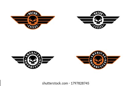 Set of color illustrations of skull, wings and text on a white background. Vector illustration advertises American motorcycles. Biker club emblem. Illustration for sticker.