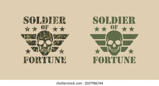 Set of color illustrations of skull, wings, star, text on a background with a grunge texture. Design element for poster, banner, emblem, print and sticker. Vector illustration. Army symbol.