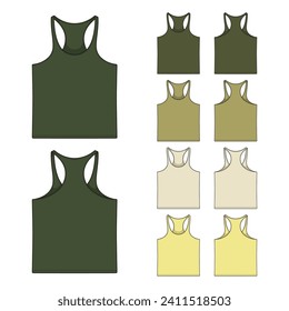 Set of color illustrations with sports khaki green jersey, shirt for fitness. Isolated vector objects on white background.