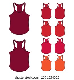 Set of color illustrations with sports red jersey, shirt for fitness. Isolated vector objects on white background.