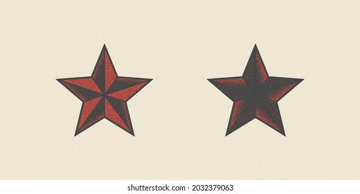 Conjunto de ilustraciones de color de una estrella con una textura gruesa sobre el fondo. Elemento de diseño para emblema, pegatina, etiqueta, placa e impresión. Ilustración vectorial. Simbolismo.