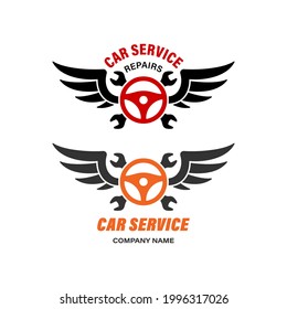 Set of color illustrations of steering wheel, wrench, wings and text on a white background. Design element for emblem, badge, sign, label and sticker. Car service and repair. Auto workshop.