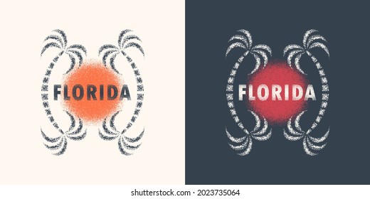 Set of color illustrations of the sun, palms and text on the background. Design element for poster, print, emblem, sticker and label. Vector illustration with grunge texture. Florida symbol.