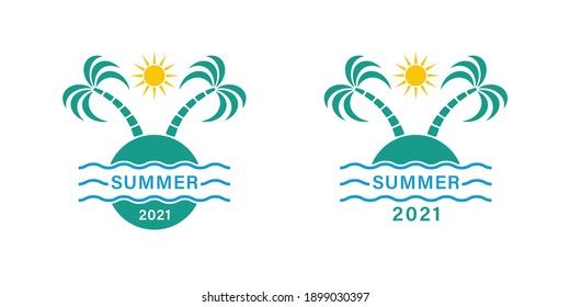 Set of color illustrations sun, waves, palm, text on the background. Vector illustration for emblem, flyer, sticker, label and print. Summer vacation advertisement. Symbols of rest on the seaside.