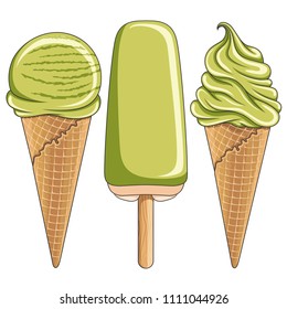 Set of color illustrations with tasty pistachio ice cream. Isolated vector objects on white background.