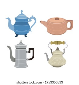 Conjunto de ilustraciones de color con teteras sobre fondo blanco.