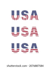 Set of color illustrations text, flag on a white background. Design element for print, emblem, sticker, label and badge. Vector illustration with grunge texture. USA flag. Symbolism.