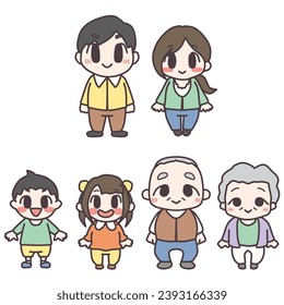 A set of color illustrations of three generations of a family with a low head height and cute deformation.