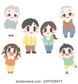A set of color illustrations of three generations of a family with a low head height and cute deformation.