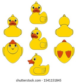 Set of color illustrations with toy yellow duck. Isolated vector objects on a white background.
