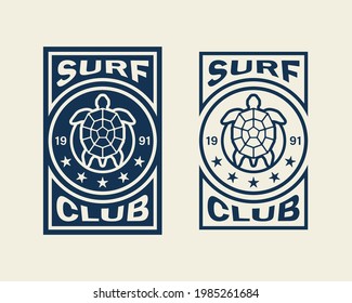 Set of color illustrations turtle, starfishes and text on the background. Vector illustration in vintage style for emblem, sticker, label, poster, print. Surfing club. Summer vacation at the sea.