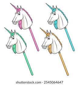 Set of color illustrations with unicorn hobby horse toy on stick. Isolated vector objects on white background.