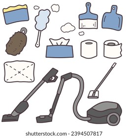 A set of color illustrations of various cleaning tools, simply deformed.