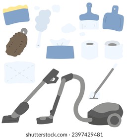 A set of color illustrations of various cleaning tools, simply deformed.