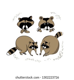Set of color illustrations in vector, cute cartoon raccoon, raccoon characters