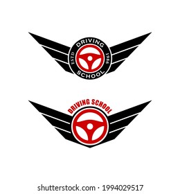 Set of color illustrations of wings, steering wheel, text on a white background. Design element for emblem, sticker, badge, label, icon. Vector illustration. Driving school symbol.