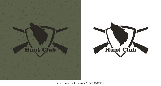 Set of color illustrations of a wolf, crossed guns, shield on a background with a grunge texture. Vector illustration in vintage style hunting wild animals. Hunting club logo.