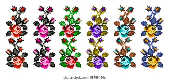 Set. Color image of flowers (roses) using traditional Ukrainian embroidery elements. Can be used as pixel art.  
