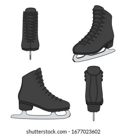 Set of color images with black skates for figure skating. Isolated vector objects on a white background.