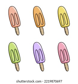Set of color images, fruit Cold ice cream on a wooden stick, vector illustration in cartoon style on a white background