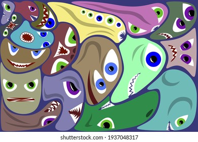 A set of color images of monsters on a dark background, an illustration for wallpaper on the wall and other purposes. Vector illustration.
