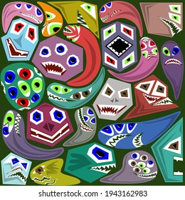 A set of color images of monsters on a dark background, an illustration for wallpaper on the wall and other purposes. Vector illustration.