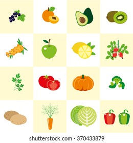 Set of color images of vegetables and fruit in a flat style. Set of icons. It can be used for the menu.