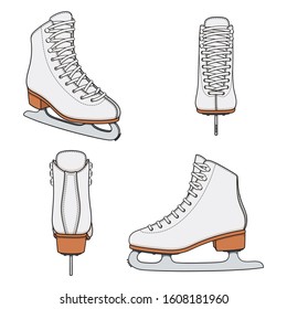 Set of color images with white skates for figure skating. Isolated vector objects on a white background.