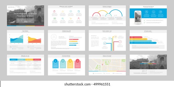 Conjunto de elementos infográficos de cores para modelos de apresentação. Folheto, Relatório anual, design da capa do livro. Folheto, layout, design do modelo Flyer. Fácil de editar.