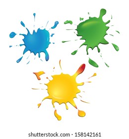 Set of color ink blots, isolated on white background. Blue, green, yellow. Light reflection. Vector illustration.