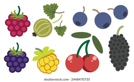 Farbensatz isolierte Beere in flacher Form Stil in Vektorgrafik. Bild von natürlichen gesunden Öko-Lebensmitteln.Vorlage für Logo-Aufkleber-Poster-Print-Dekor-Design