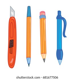 Set of color isolated on white background vector illustration different pens, pencil, paper knife. Stationery office set