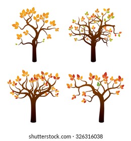 Set of color isolated vector trees. Collection flat autumn trees and plant on white background. Vector outline Illustration.