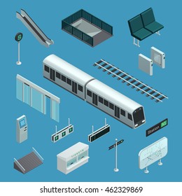 Set of color isometric icons depicting elements of subway vector illustration