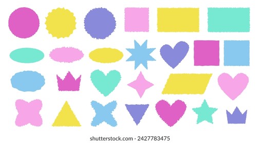 Set of color jagged rectangle, square, heart, crown paper piece  backgrounds. Grunge header shapes, stickers, collage elements,  black ripped sheets vector illustration. Silhouette blank for design