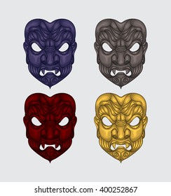 set color Japanese samurai mask. Vector art illustration. Military japanese traditional martial mask print.