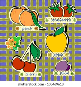 Set of Color Labeled Fruits on Blue Fabric Background, Brown Stripes, Vector Version