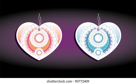 Set of color labels, on a dark background. Hearts and flowers theme. Vector