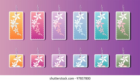 Set of color labels, on a violet background. Flowers