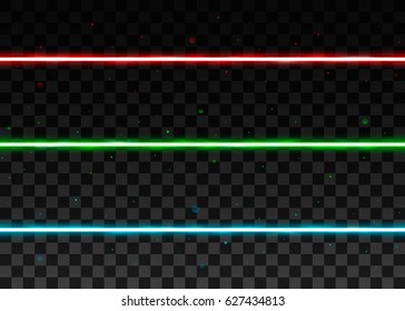 Set of color laser beams. Isolated in black background. Vector illustration, eps 10.