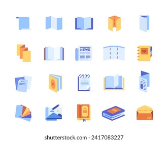 Set of color leaflets icons. Bright stickers with brochure, newspaper, magazine, notepad, envelope and sketchbook. Polygraphic elements. Cartoon flat vector collection isolated on white background