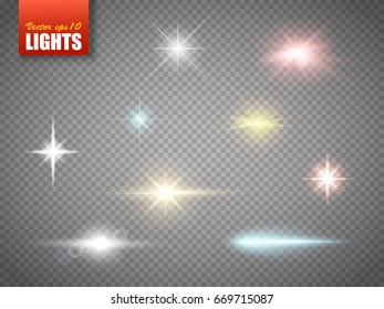 Set of color lights, flares isolated on transparent background.