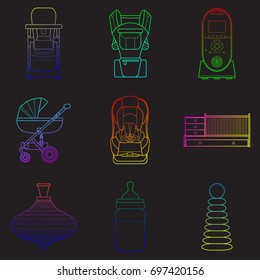 Set of color line art products icons for a newborn. Objects for newborns. Set of baby stuff on black bacgkround  vector illustration