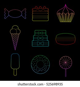 Set of color line art  simple bakery  icons on black background vector illustration