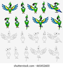 Set of color and line cartoon parrot. Cute character isolated on white.