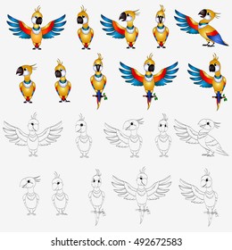 Set of color and line Cartoon parrot. Cute character isolated on white.